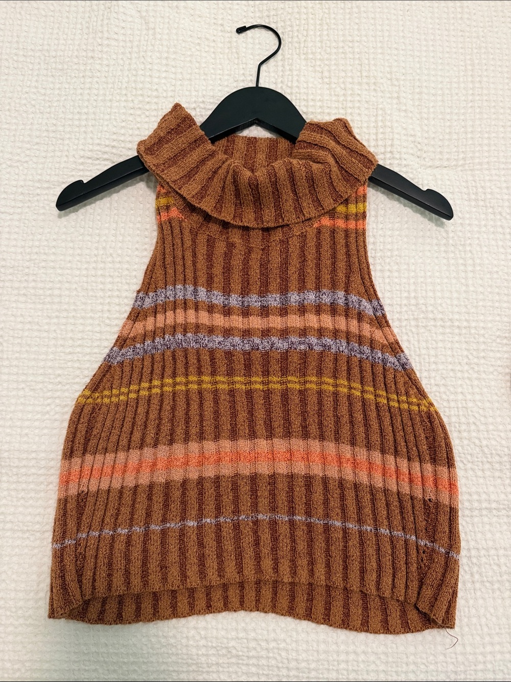 Free People Ribbed Sleeveless Turtleneck in Rust with Multicolor Stripes